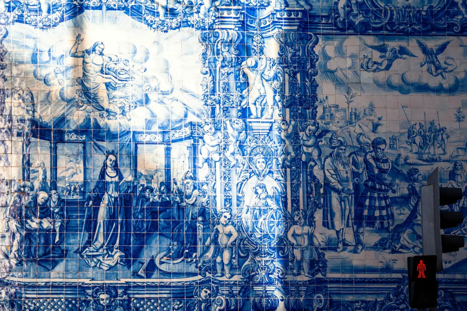 A close view of blue and white Portuguese azulejo tiles.
