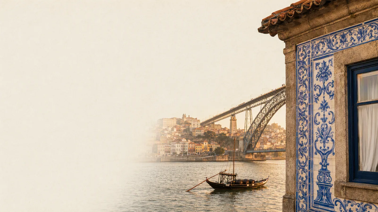 Decorative editorial artwork with a riverside view, blue-and-white tilework, and a rabelo boat.