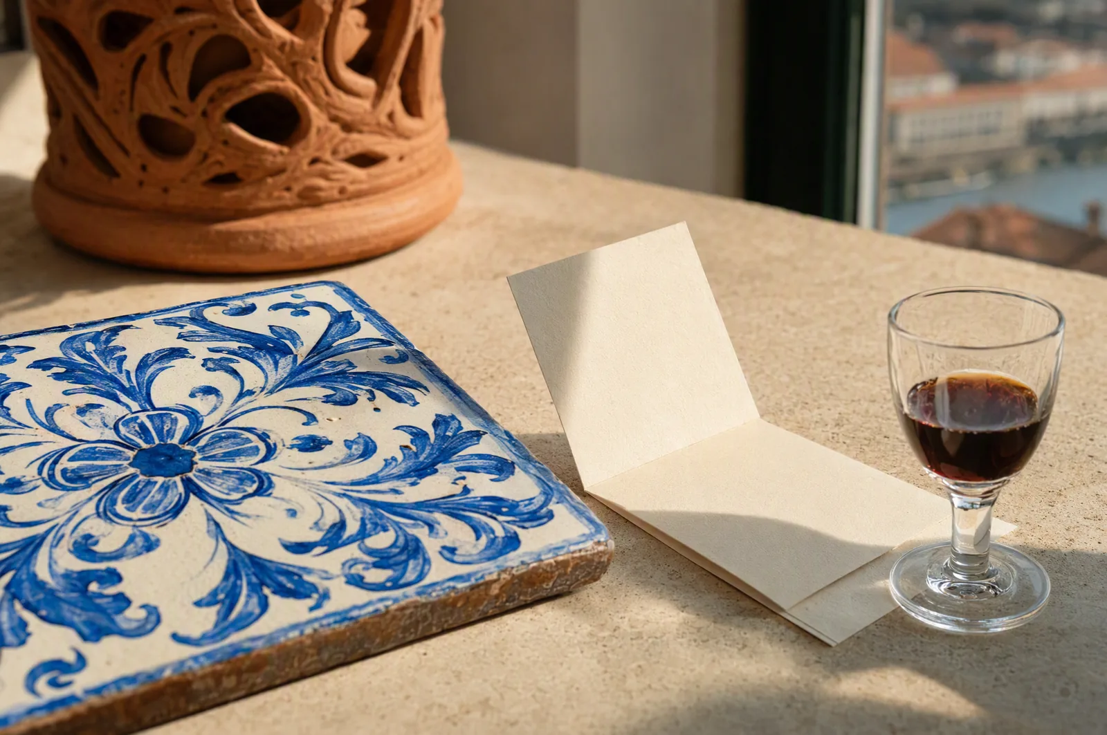 Decorative still life with azulejo tilework, a folded itinerary card, and a glass of port wine.